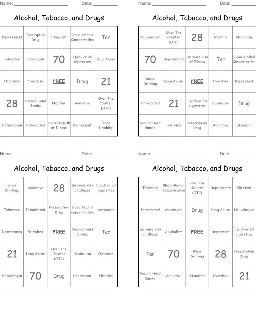 Alcohol, Tabacco, and Drugs Bingo Cards