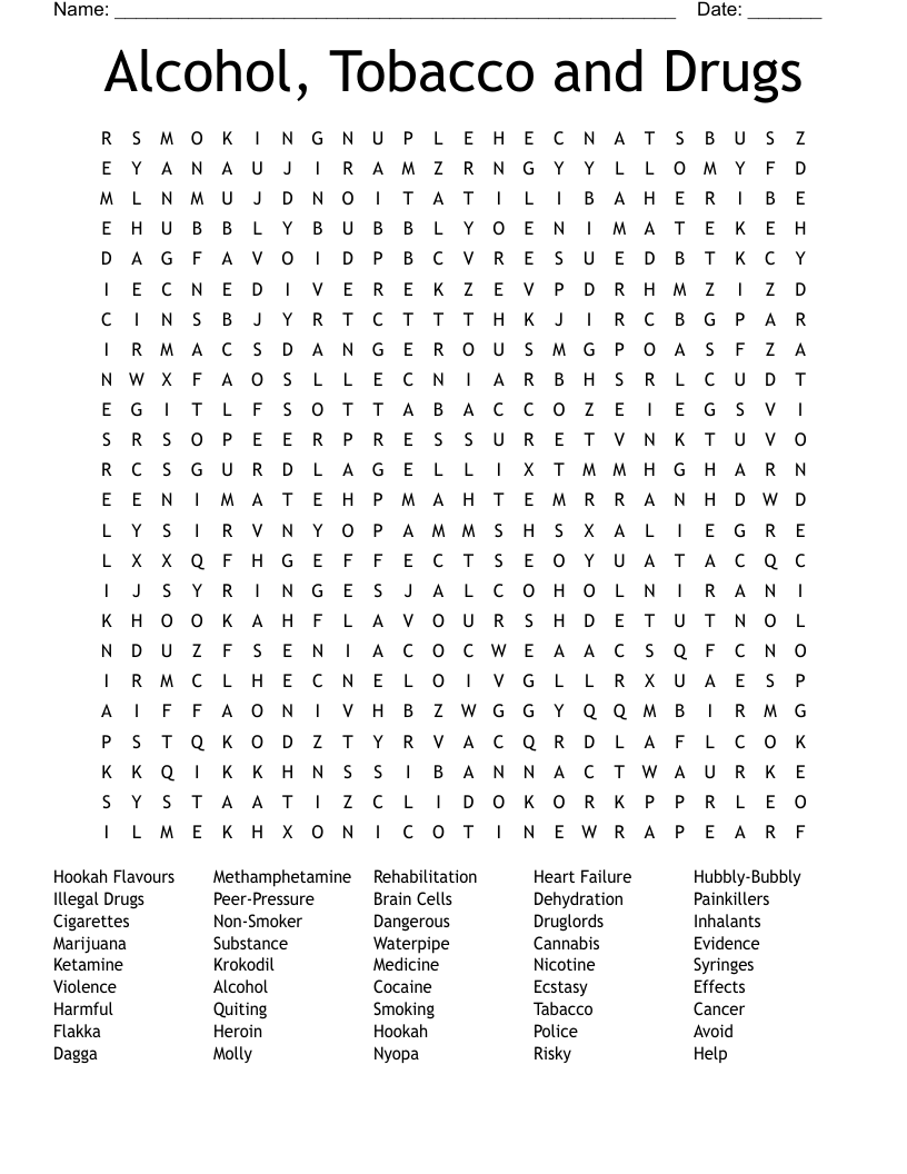 Alcohol, Tobacco and Drugs Word Search