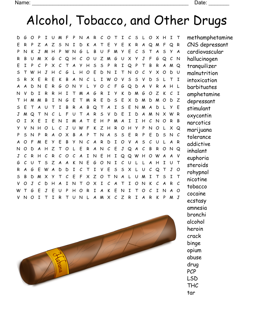 Alcohol, Tobacco, and Other Drugs Word Search