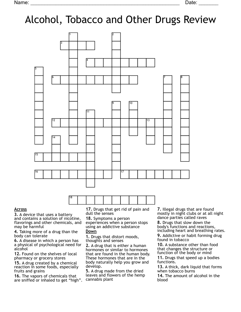 Alcohol, Tobacco and Other Drugs Review Crossword