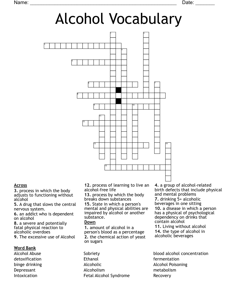 Alcohol Vocabulary Crossword
