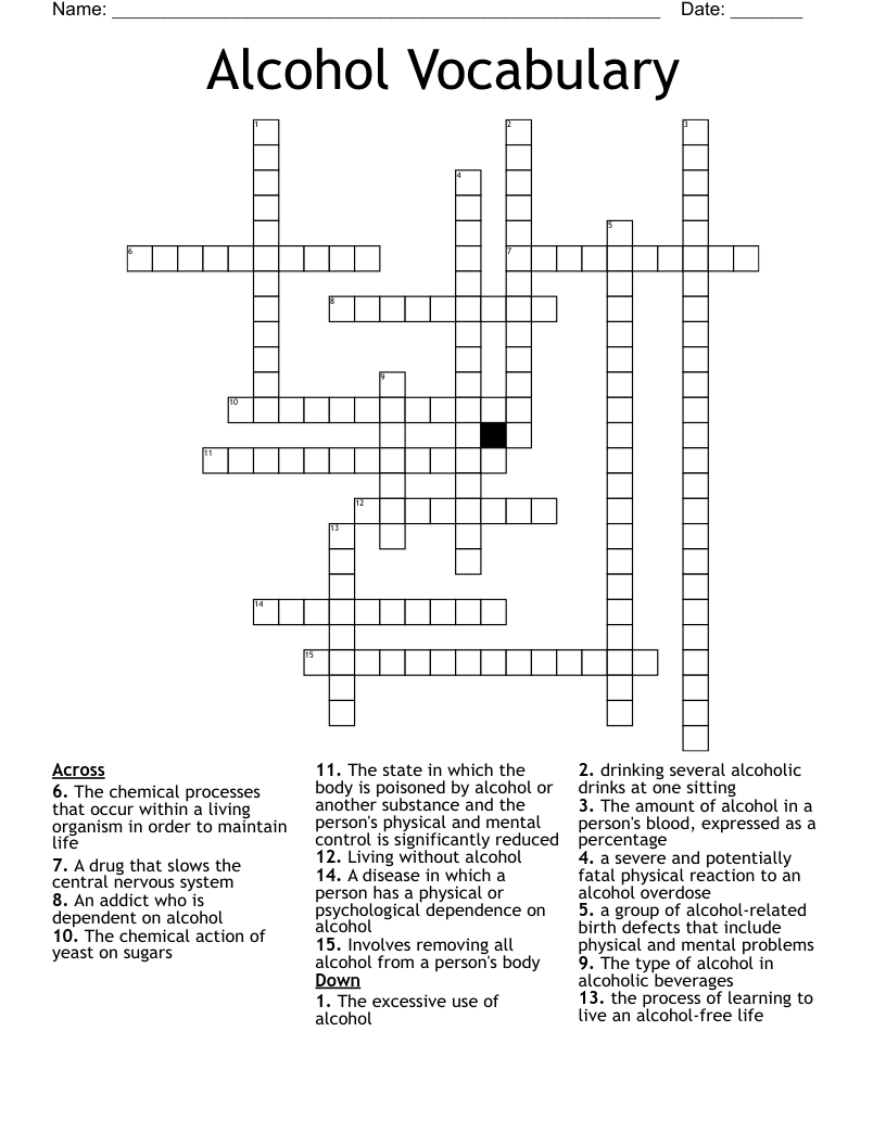 Alcohol Vocabulary Crossword