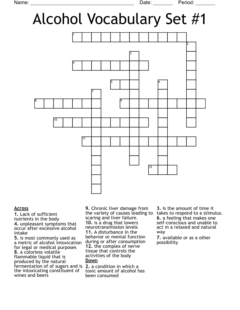 Alcohol Vocabulary Set #1 Crossword