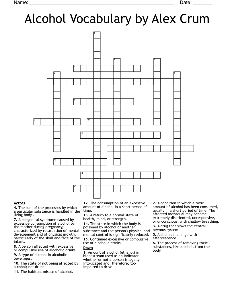 Alcohol Vocabulary by Alex Crum Crossword