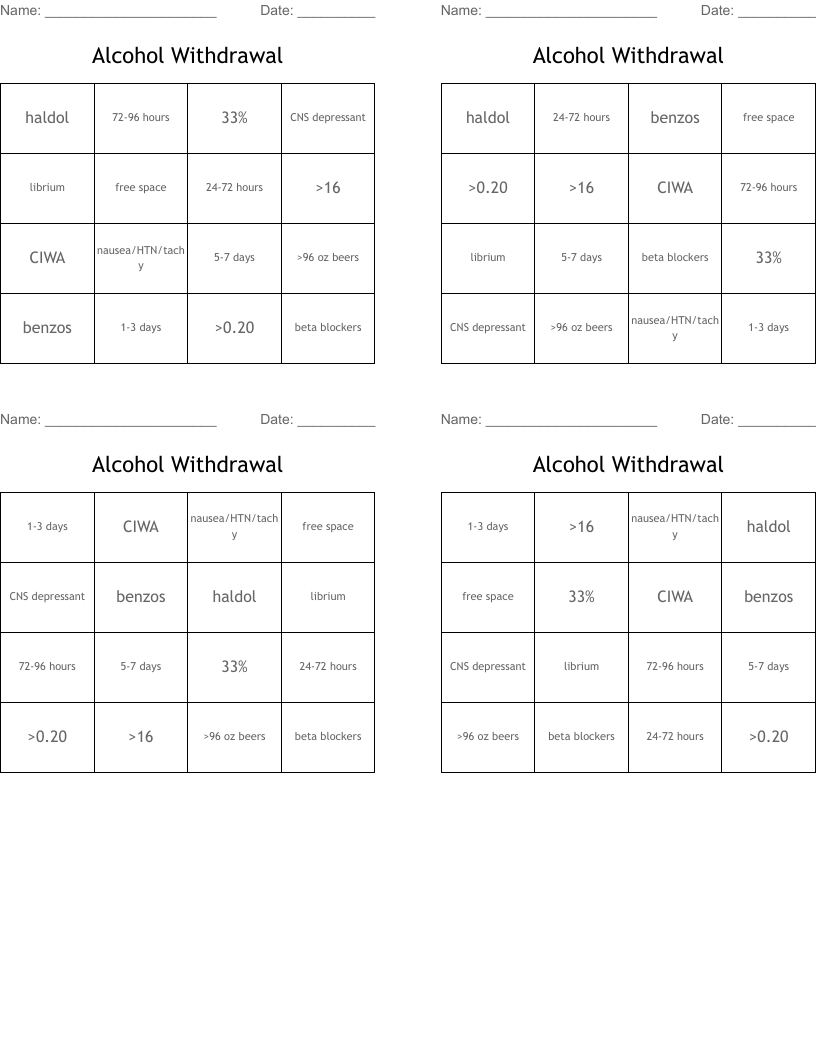 Alcohol Withdrawal  Bingo Cards