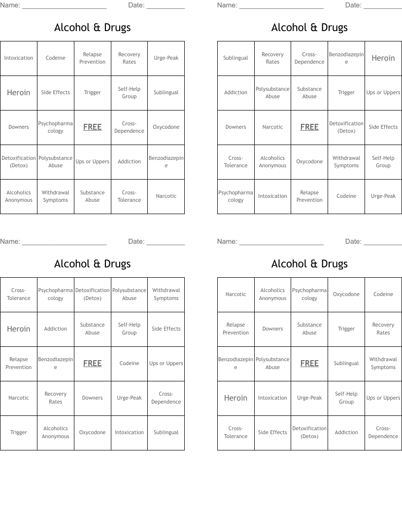 Alcohol & Drugs Bingo Cards