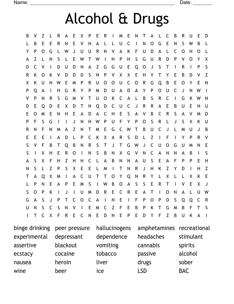 Alcohol & Drugs Word Search