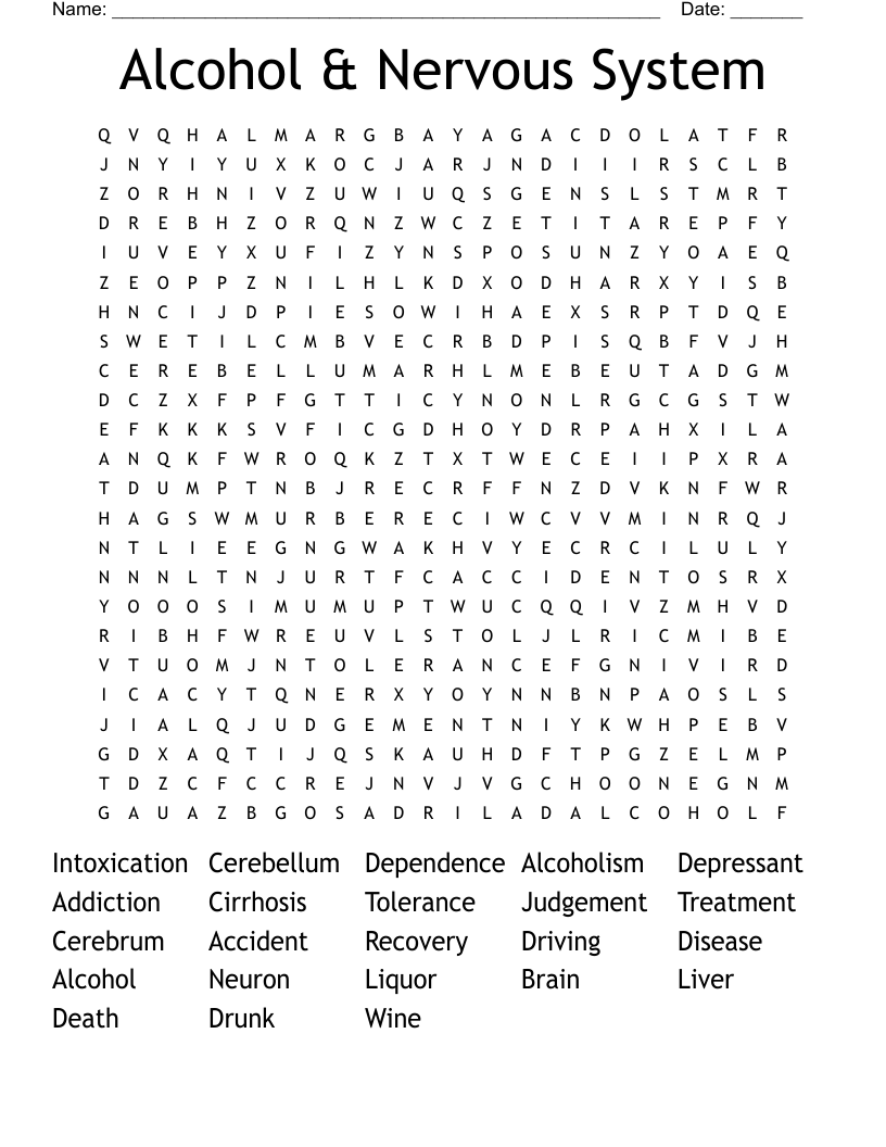 Alcohol & Nervous System Word Search