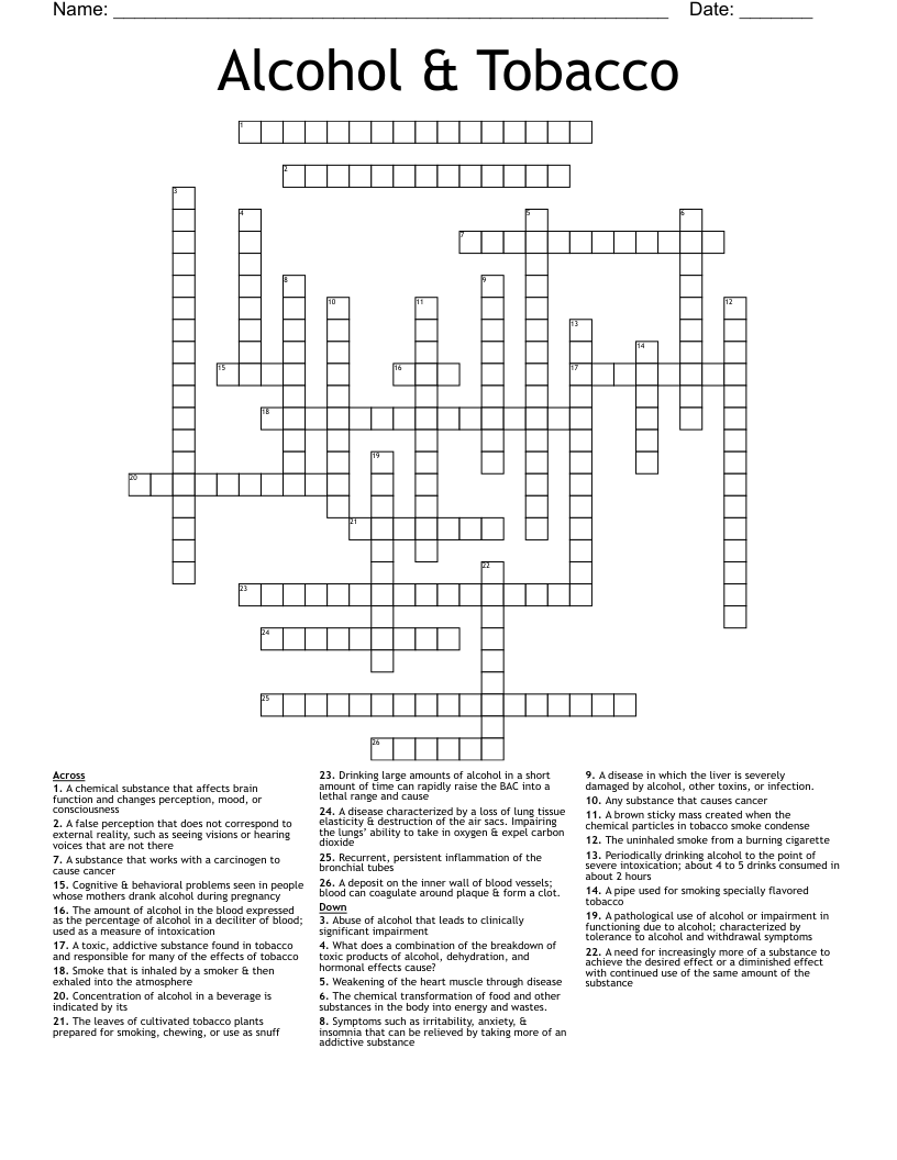 Alcohol & Tobacco Crossword