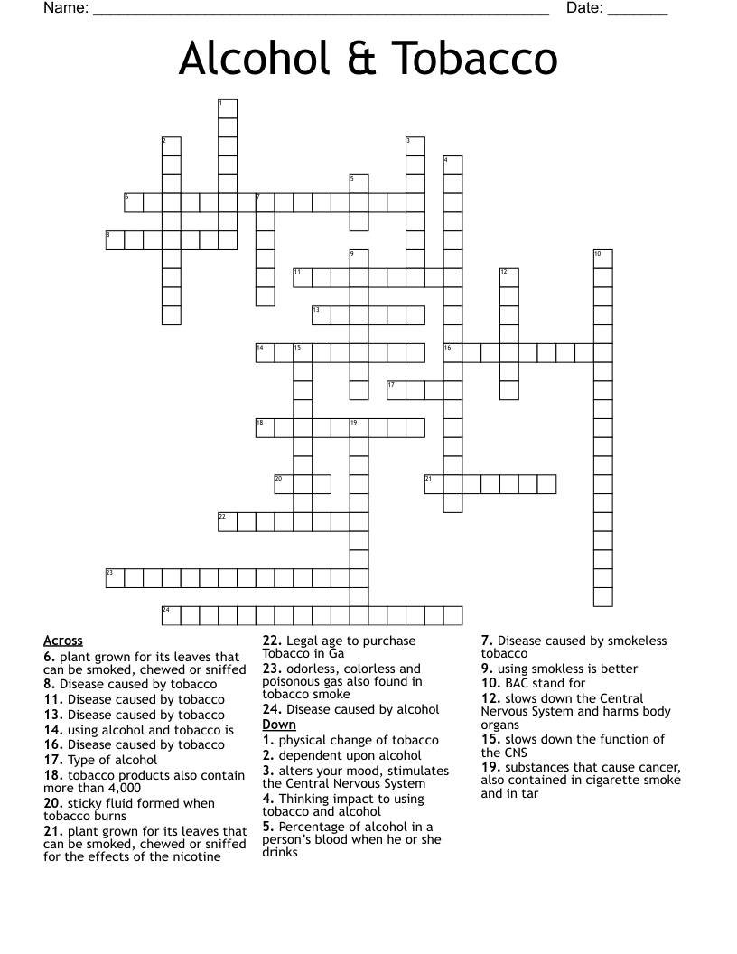 Alcohol & Tobacco Crossword