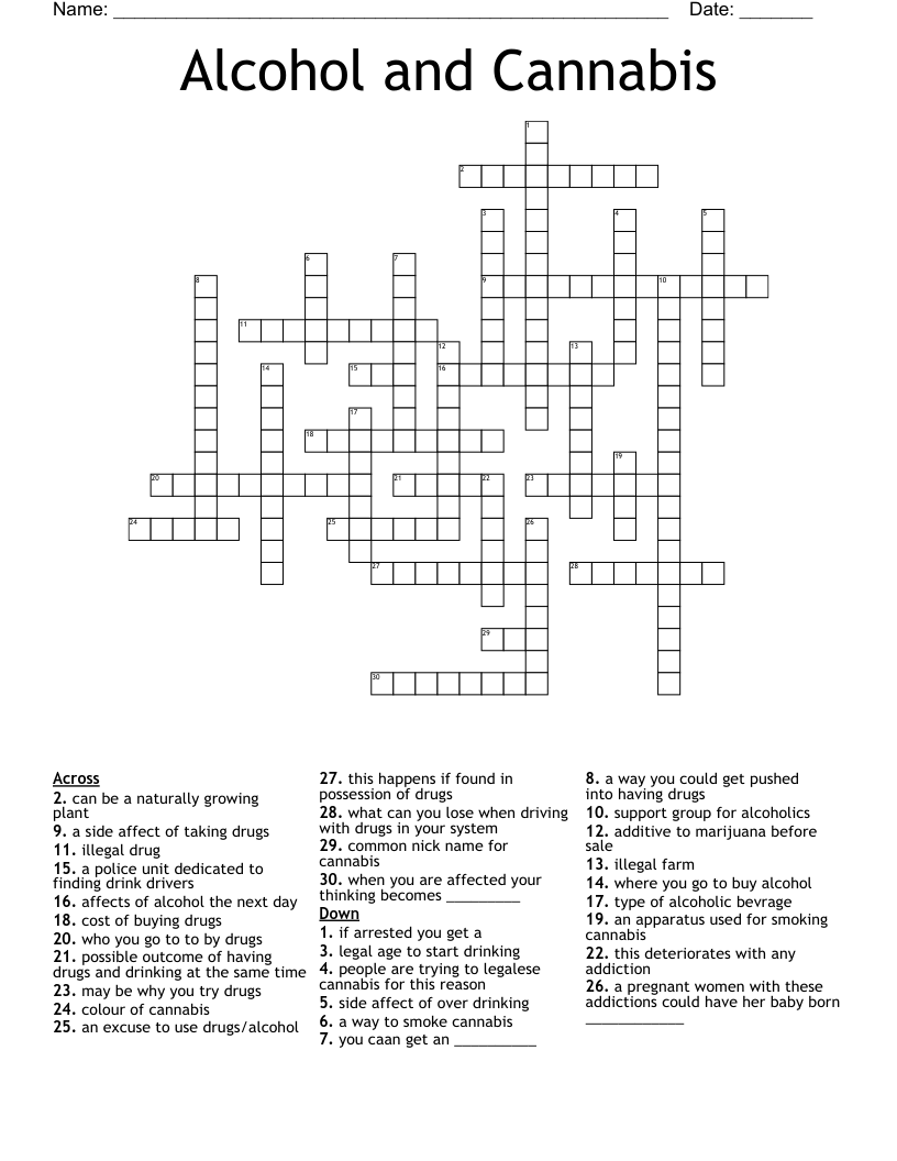 Alcohol and Cannabis Crossword
