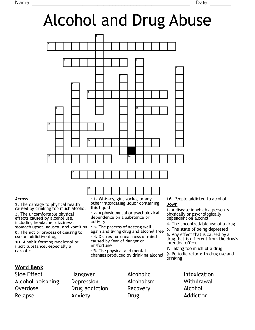 Alcohol and Drug Abuse Crossword