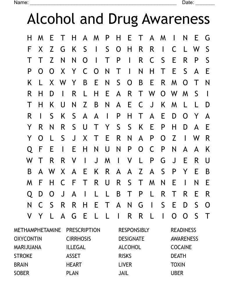 Alcohol and Drug Awareness  Word Search