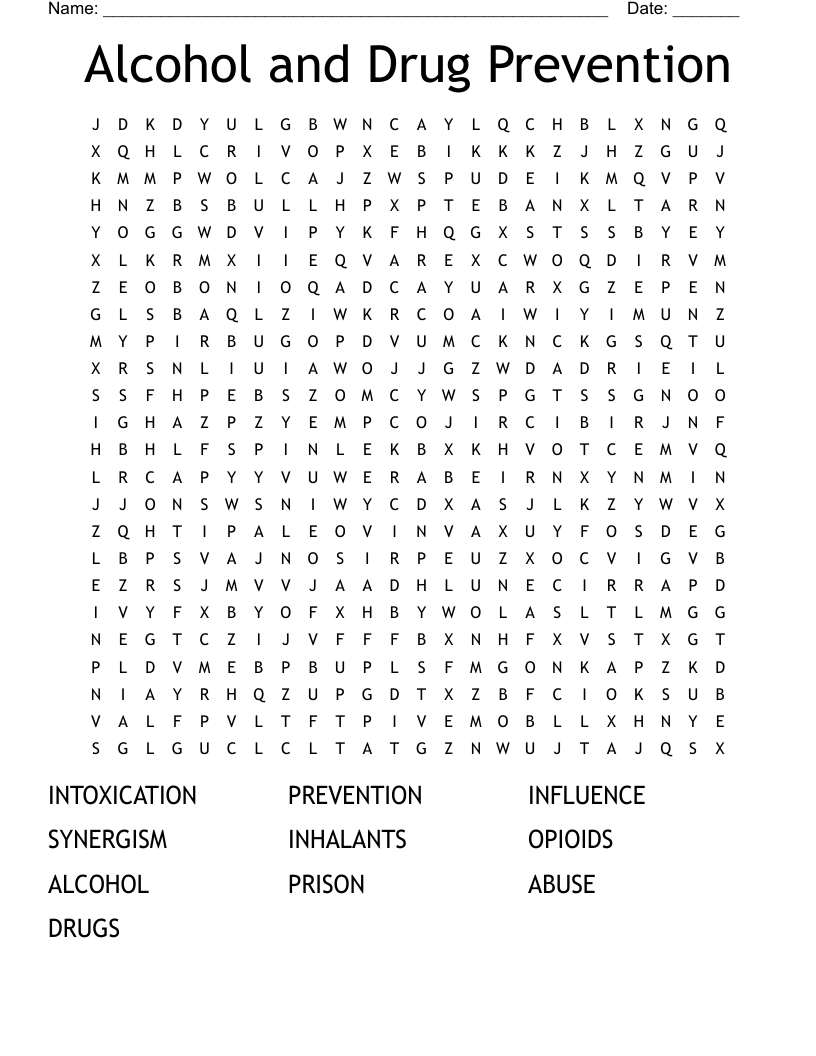 Alcohol and Drug Prevention Word Search