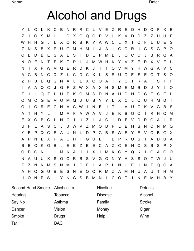 Alcohol and Drugs Word Search