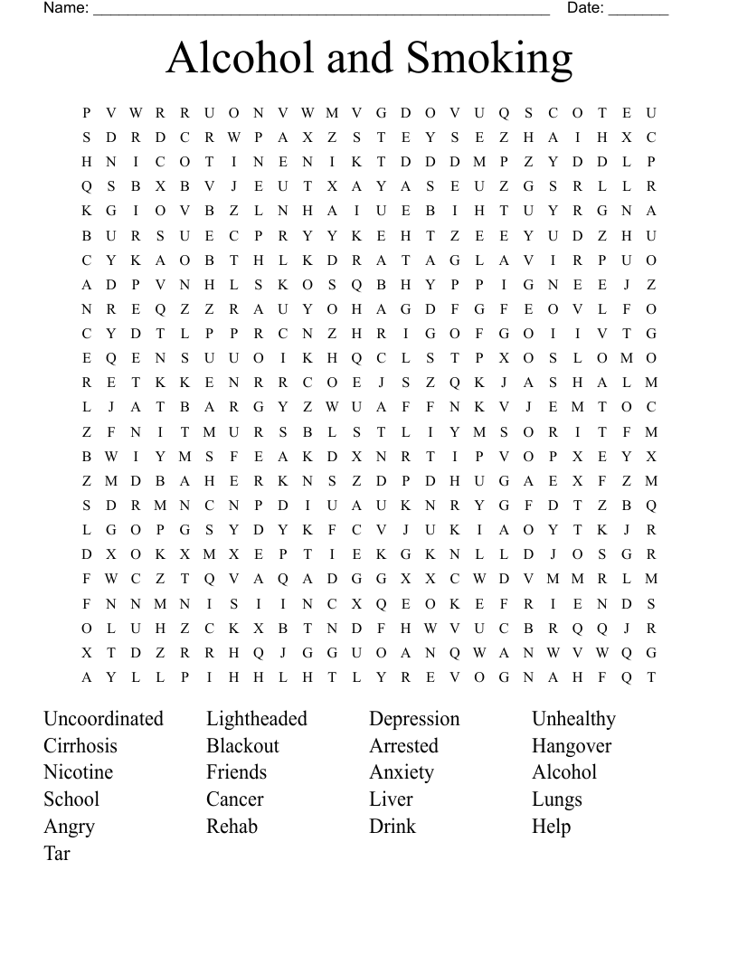 Alcohol and Smoking Word Search