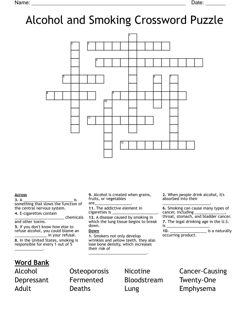 Alcohol and Smoking Crossword Puzzle