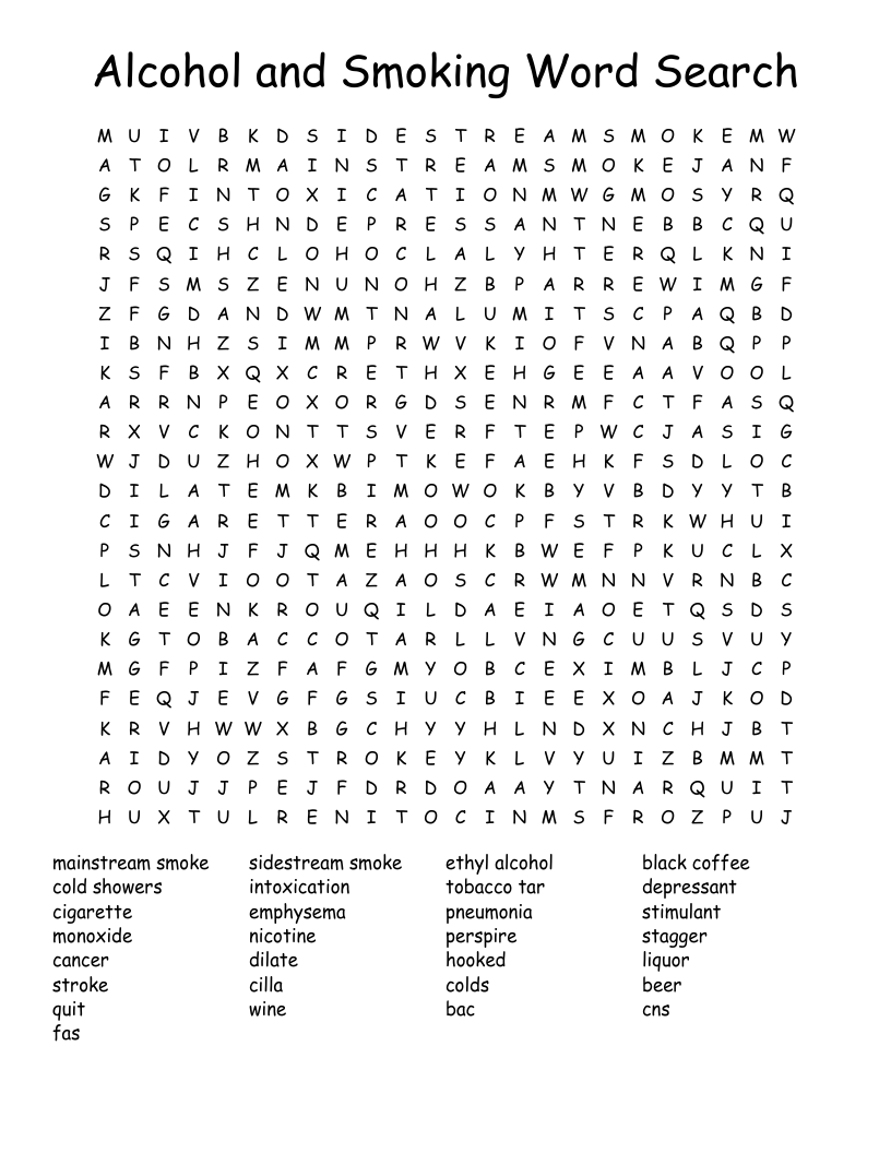 Alcohol and Smoking Word Search