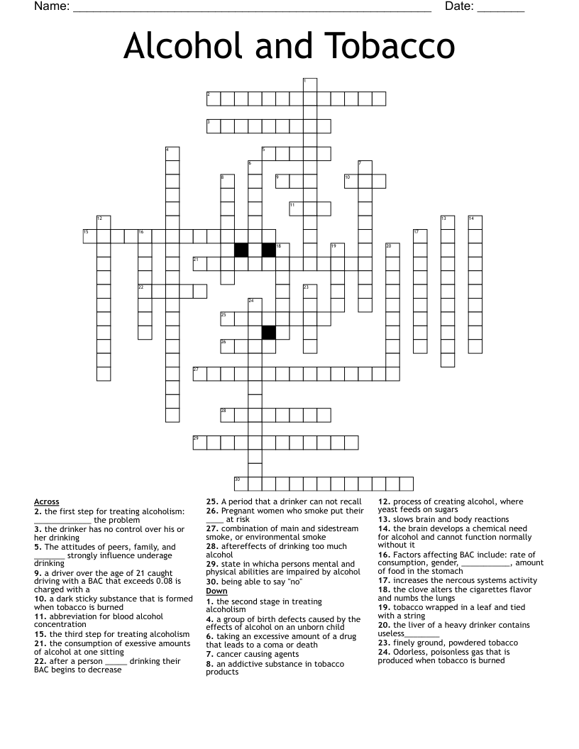 Alcohol and Tobacco Crossword