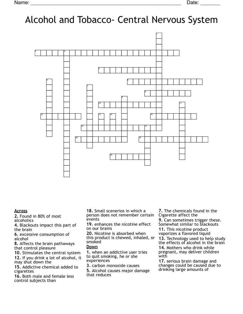 Alcohol and Tobacco- Central Nervous System Crossword