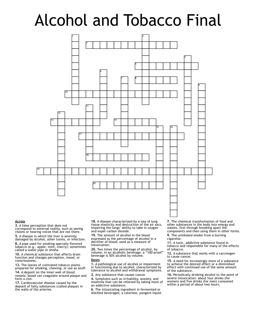 Alcohol and Tobacco Final Crossword