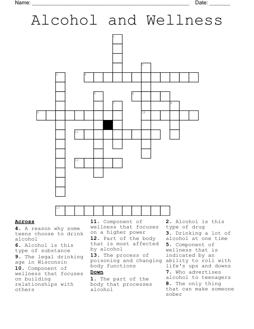Alcohol and Wellness Crossword