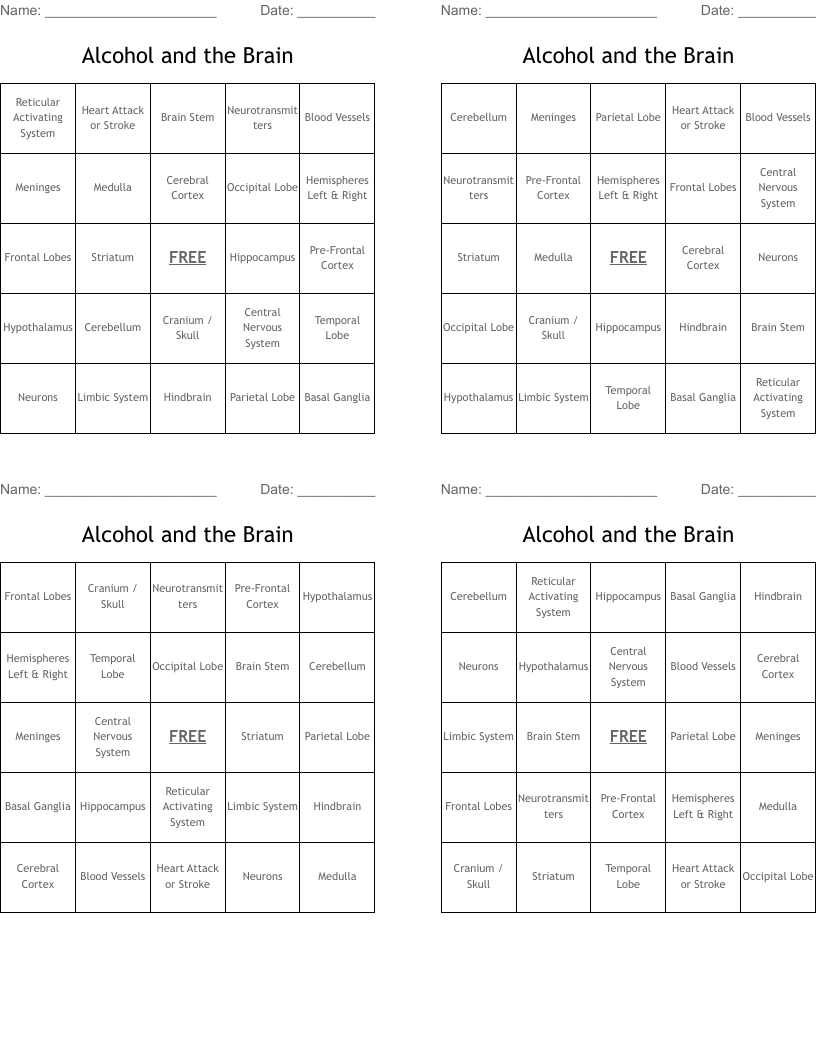 Alcohol and the Brain Bingo Cards