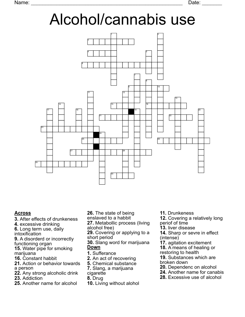 Alcohol/cannabis use Crossword