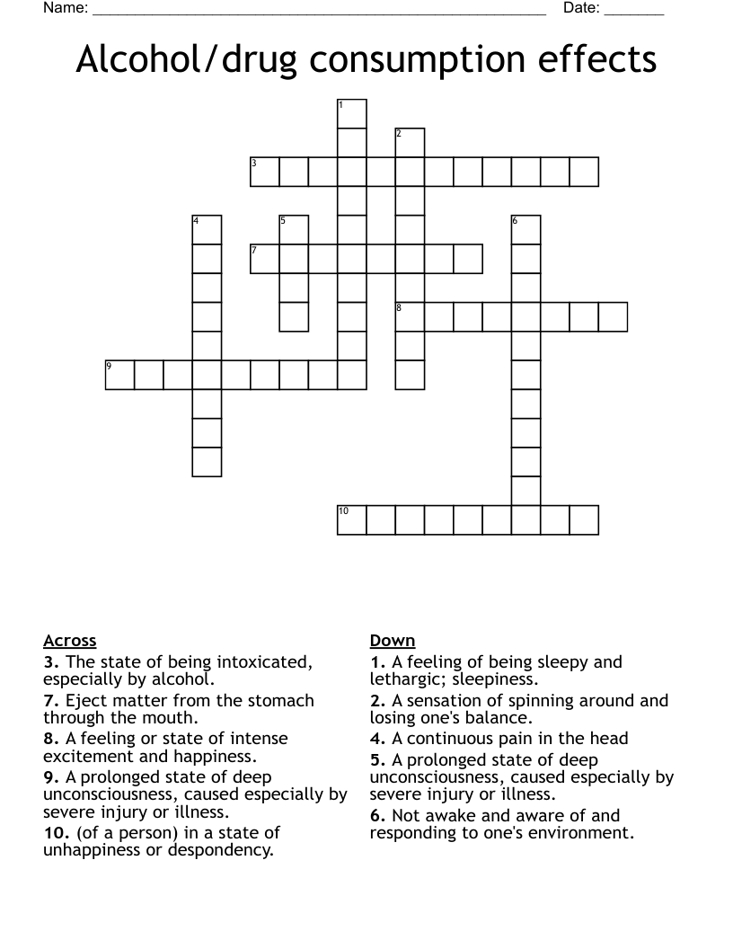 Alcohol/drug consumption effects Crossword