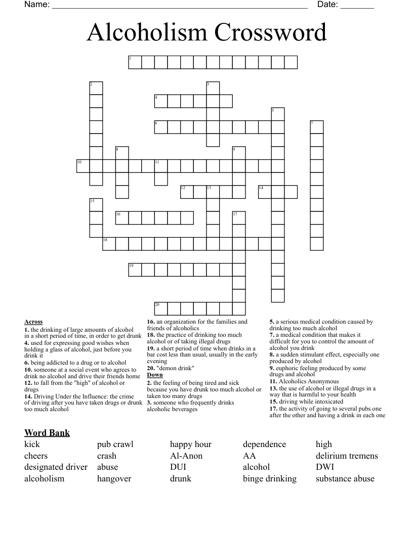 Alcoholism Crossword