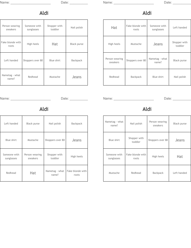 Aldi Bingo Cards