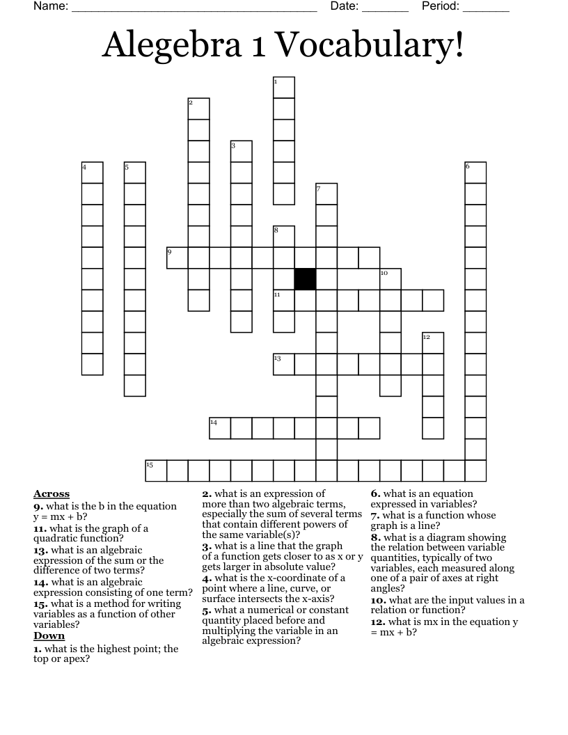 Alegebra 1 Vocabulary! Crossword