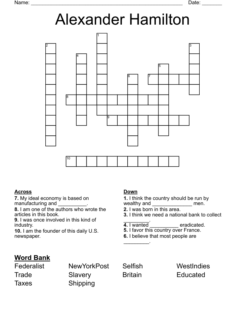 Alexander Hamilton Crossword