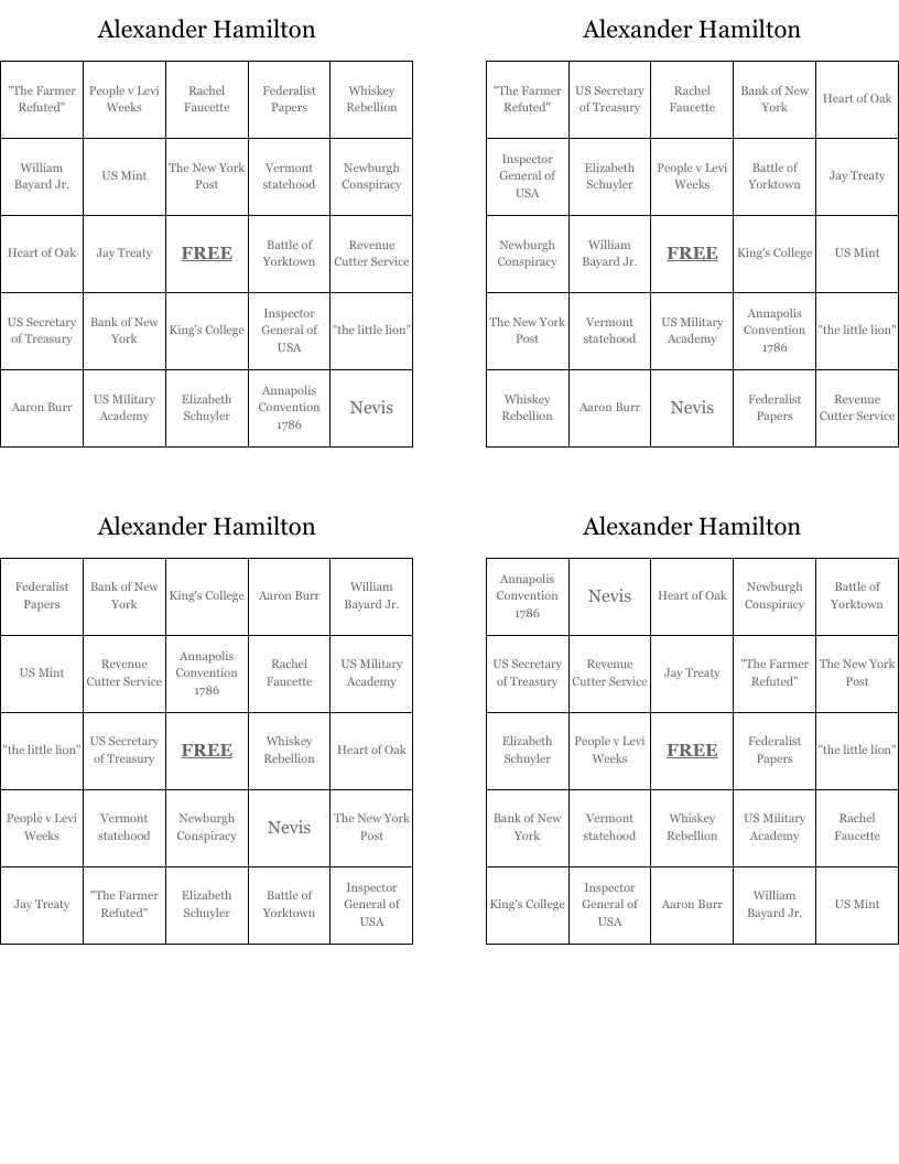 Alexander Hamilton Bingo Cards