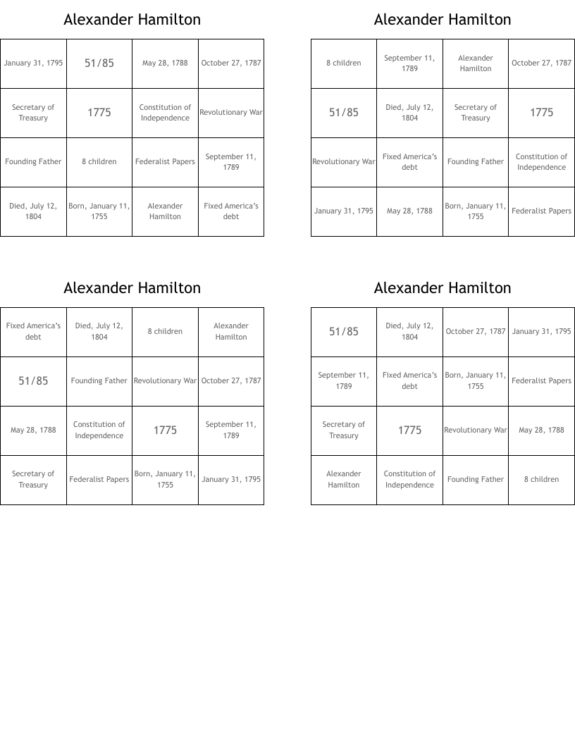 Alexander Hamilton Bingo Cards