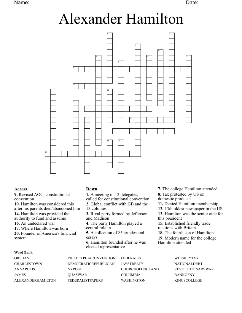 Alexander Hamilton Crossword