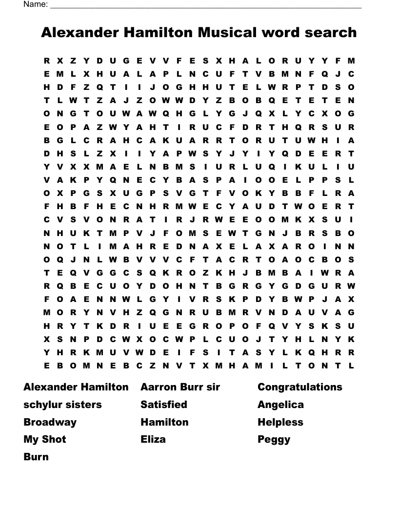 Alexander Hamilton Musical word search