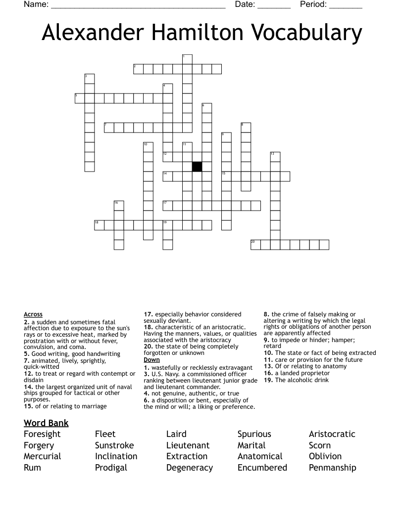 Alexander Hamilton Vocabulary Crossword