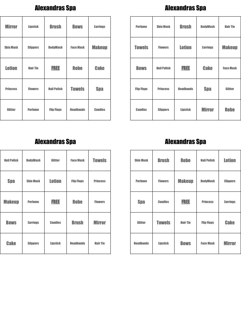 Alexandras Spa Bingo Cards
