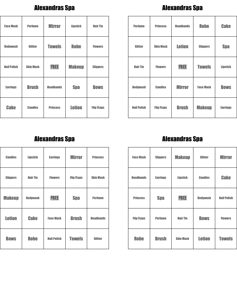 Alexandras Spa Bingo Cards
