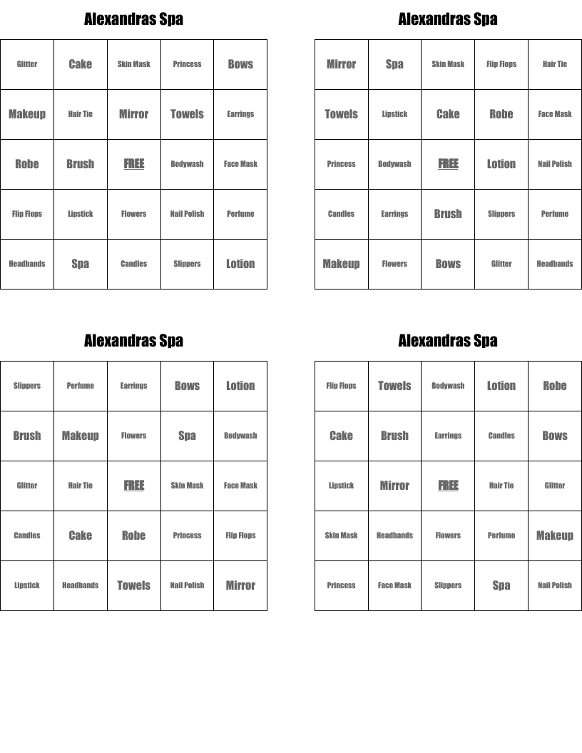Alexandras Spa Bingo Cards