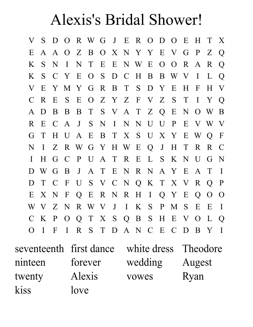 Alexis's Bridal Shower! Word Search
