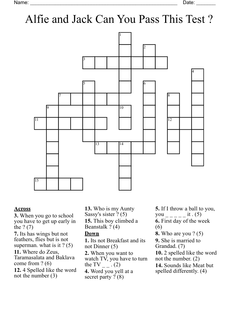 Alfie and Jack Can You Pass This Test ? Crossword