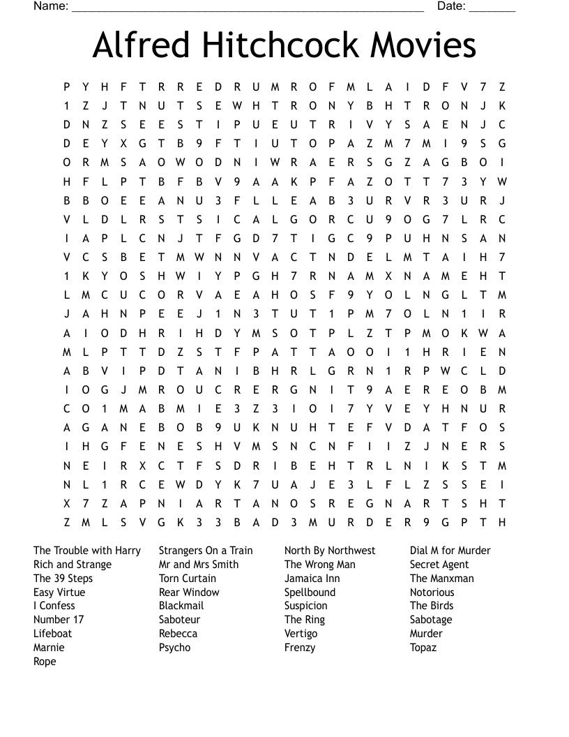 Alfred Hitchcock Movies Word Search