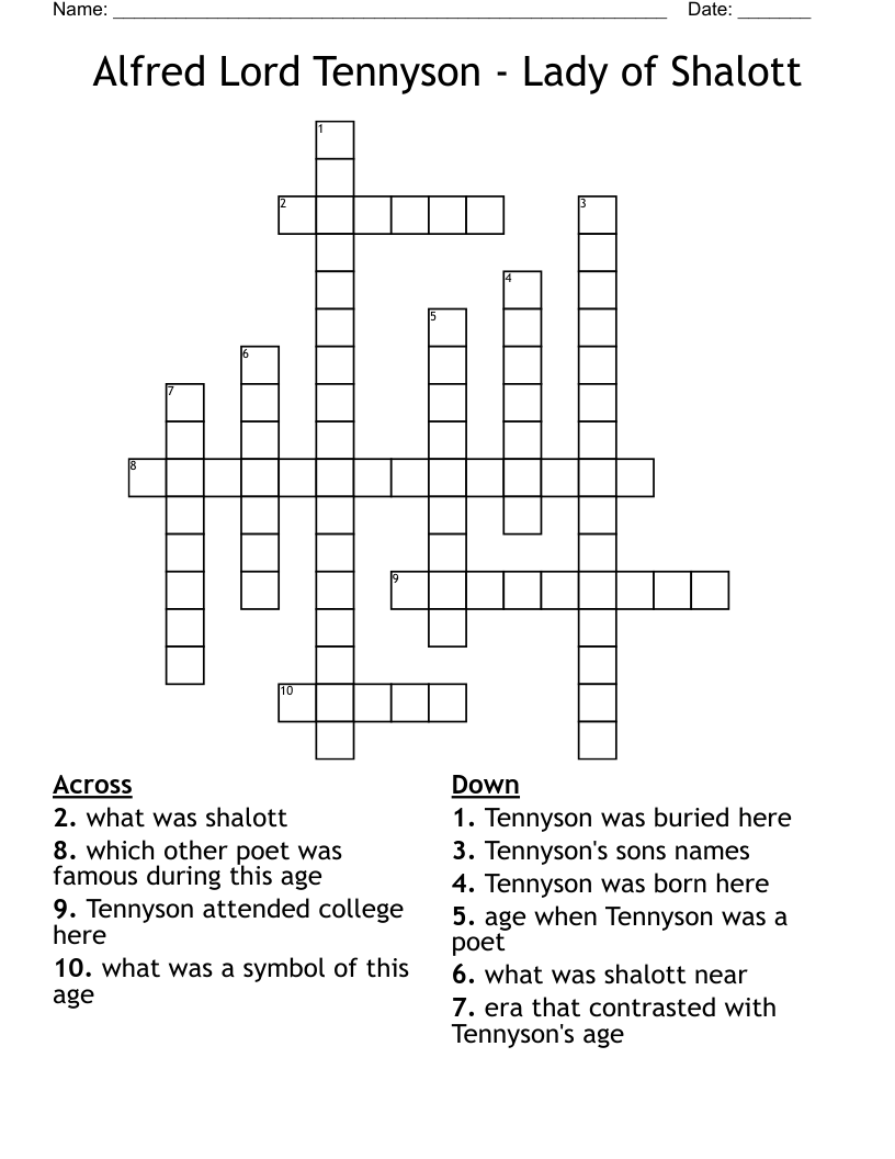 Alfred Lord Tennyson - Lady of Shalott Crossword