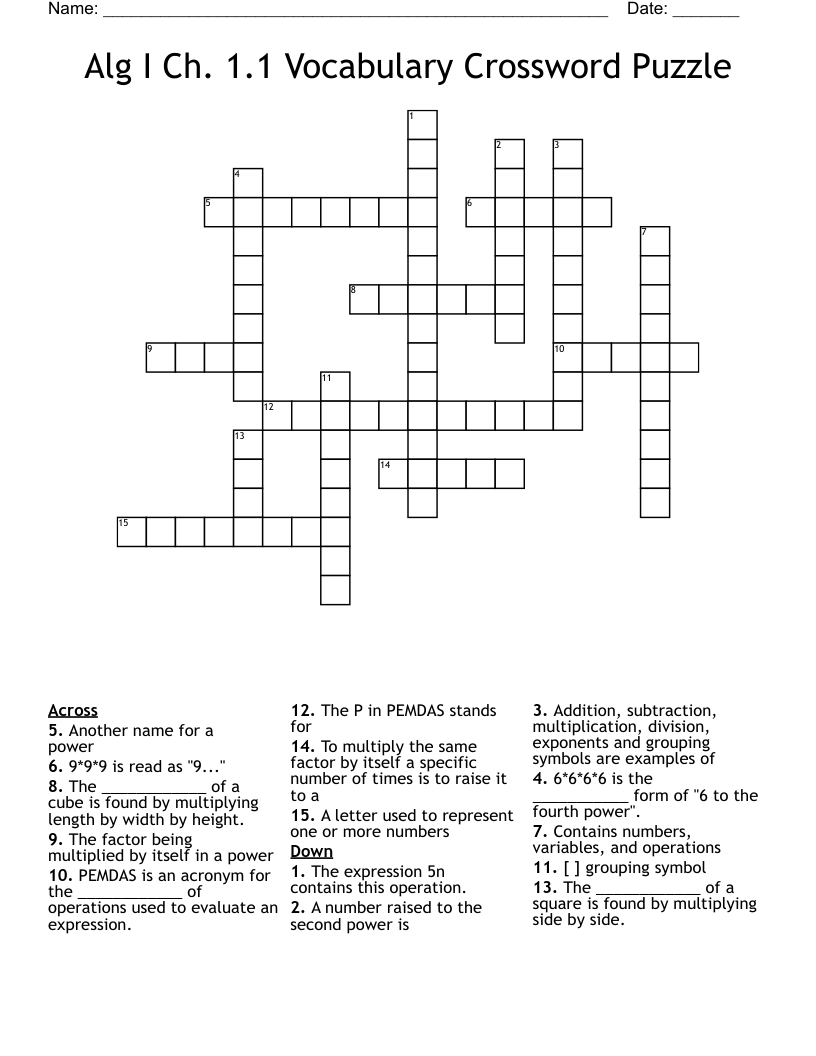 Alg I Ch. 1.1 Vocabulary Crossword Puzzle