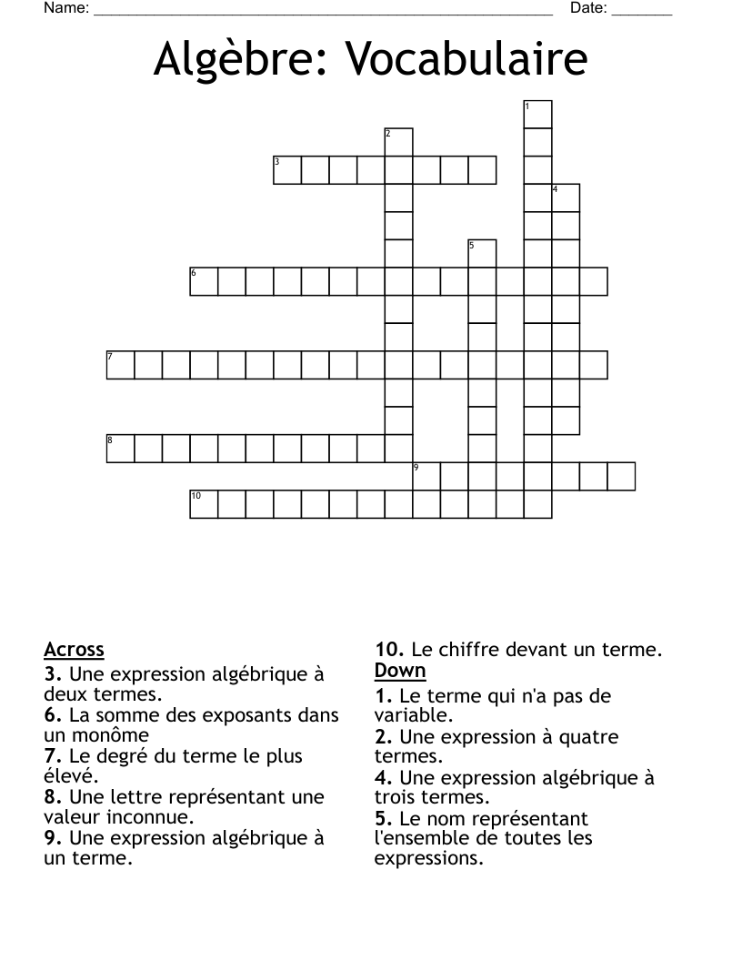 Algèbre:  Vocabulaire Crossword