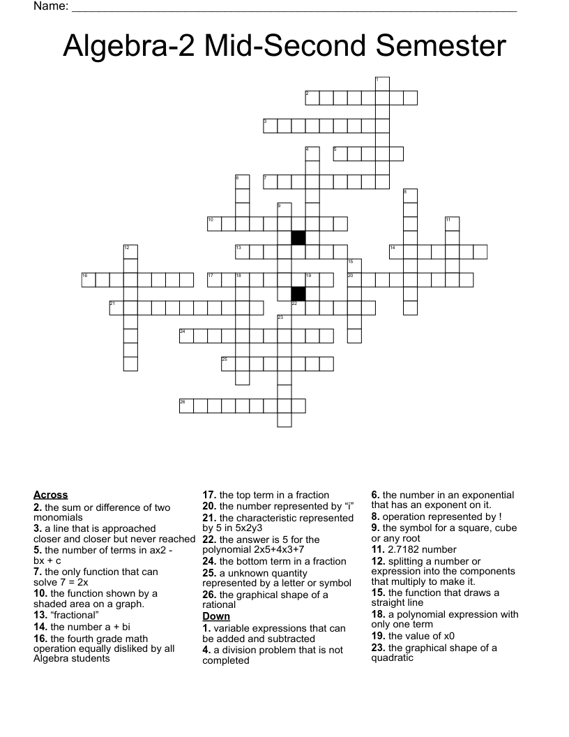 Algebra-2  Mid-Second Semester Crossword