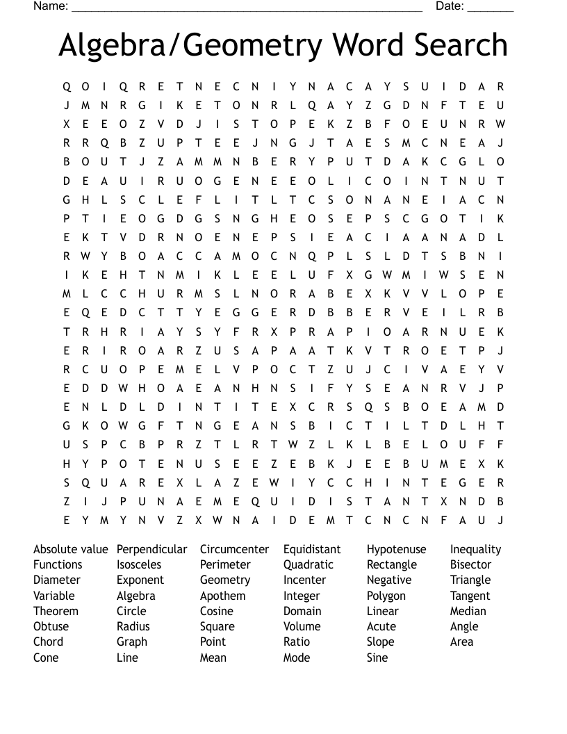 Algebra/Geometry Word Search