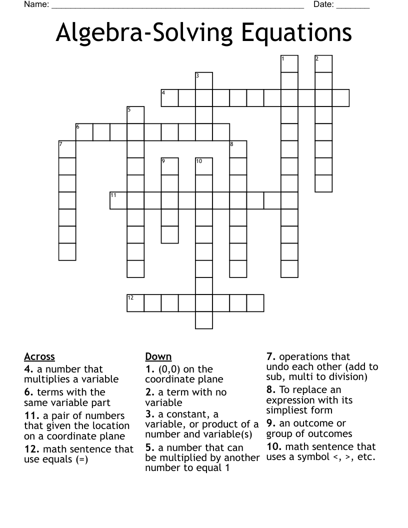 Algebra-Solving Equations Crossword